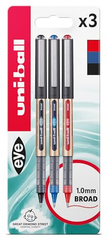uni-ball Eye Broad Rollerball Pens, 1.0 mm, Black, Blue, Red (3-Pack) | Smooth Flowing Liquid Ink, Comfortable Grip, Fade Resistant Super Ink, Ideal for School & Office Use