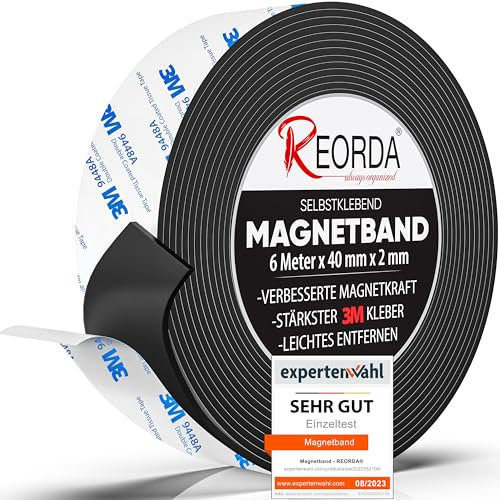 REORDA® Magnetband selbstklebend stark - Magnetstreifen selbstklebend mit starkem 3M Kleber - Magnetklebeband mit optimierter Magnetkraft - Magnet Klebeband