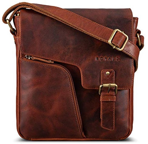 ROYALZ Moderne Vintage Umhängetasche Herren klein Leder 'Denver' kleine Ledertasche Echtleder Herrentasche zum Umhängen Schultertasche für Alltag Freizeit Arbeit, Farbe:Roma Cognac Braun