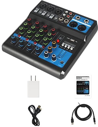 Umisu Table de Mixage 5 Canaux, Table-Mixage-Audio-USB Alimentation Fantôme 48V, Console de Mixage pour Ordinateur Microphone Lecteur, Mélangeur Audio pour Live Studio Scène