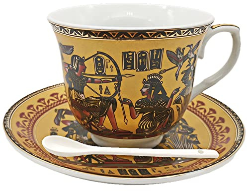 Set di tazze da caffè espresso e piattini in ceramica egiziana dorata, tazza da 100 ml, set di tazze da tè in porcellana, regalo per compleanno, famiglia e amici (nero e oro)