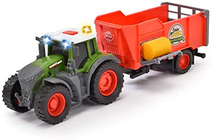 Dickie Toys - Fendt Traktor mit Anhänger (26 cm) Spielzeug für Kinder ab 3 Jahren mit Freilauf-Mechanik, Licht, Sound und weiteren Funktionen, inkl. Heuballen zum Spielen, 203734001ONL