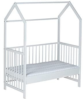 Schardt - Baby Hausbett Micky - Weiß - 60x120cm - Stufenlos Höhenverstallbares Beistellbett - Inkl. Umbauseiten und Sicherheitsgurtsystem
