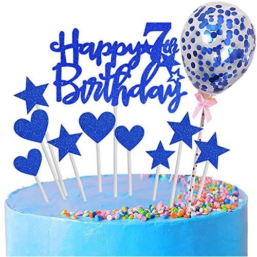 Zayin personalisierte alles Gute zum 7th Geburtstag Kuchen Topper Set, alles Gute zum Geburtstag Zeichen für Kuchen, 11p Glitter Ballon Sterne Herz Cupcake Topper 7th Birthday Cake Party Dekoration