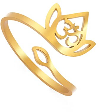 TEAMER Resizable Lotus Ring Edelstahl Semikolon Ring Yoga Meditation Om Symbol Ring Inspirierender Schmuck für Frauen Teenager Mädchen (Lotus und OM-Symbol-Gold)
