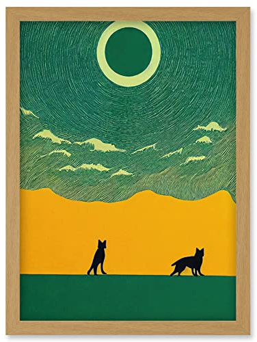 Wee Blue Coo Abstract Wolves Minimalist Surreal Sky Green Yellow Artwork Framed Wall Art Print A4
