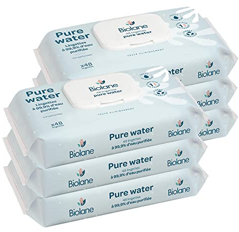 BIOLANE - Lingettes bébé nettoyantes Pure Water - Lot de 6x48 (288 Lingettes) - A l'eau Purifiée - Nettoie et protège - Corps et siège - Peaux Sensibles - Dès la naissance - Fabriqué en France