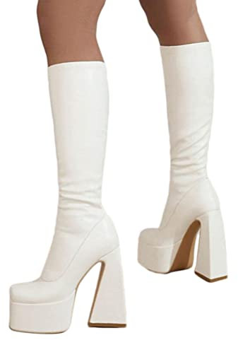 ORANDESIGNE Donne Punta Rotonda Stivali Lunghi Tacco Grosso Stivali con Piattaforma Moda Stivali da Cavaliere Goth Punk Scarpe da Festa Stivali da Motociclista Q Bianco 34 EU