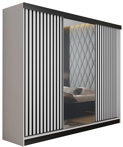 KIER FURNITURE Mehrzweckschrank Malani 200 Schiebetürenschrank - Eleganter Kleiderschrank Schrank Garderobe Spiegel - Wohnzimmerschrank Schiebetüren - Weiß 200x205x59 cm