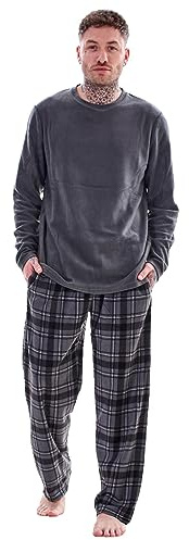 Keanu Herren-Pyjama aus Microfleece, einfarbig, Rundhalsausschnitt, Oberteil mit karierter Unterseite, Loungewear, superweiches Fleece, verschiedene Designs, Größen S, M, L, XL, 2XL,
