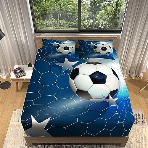 Fußball Spannbettlaken 160x200 cm, Mikrofaser Bettlaken für Kinder Erwachsene, 3D Fußball Bettlaken Spannbetttuch 160 x 200 für Matratze bis 30 cm Höhe Mit 1 x Kissenbezügen