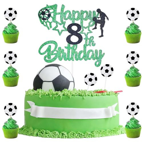 9pcs Football Cake Topper 8,Happy 8th Birthday Cake Topper Boys,Football Cake Decoration 8,1 Topper with 8 SoccerCupcake Birthday Decorations