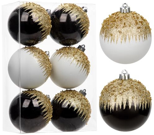 Oairse 8cm Christmas Baubles for Christmas Tree Decorations, 6 pcs White and Black Shatterproof Baubles for Glitter Christmas Tree Balls Ornaments for Xmas Halloween Wedding Party Decoration