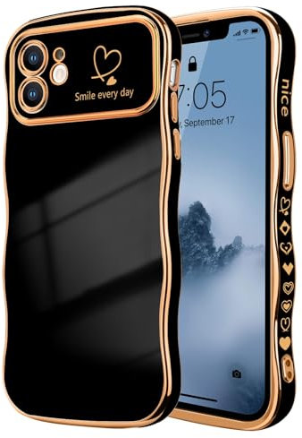 LCHULLE Kompatibel mit iPhone 12 Hülle Liebesherz Mädchen Handyhülle Wellen Lockige Form mit erhoben Kameraschutz Luxus Galvanisierte Schutzhülle Girls Case für iPhone 12 Schwarz