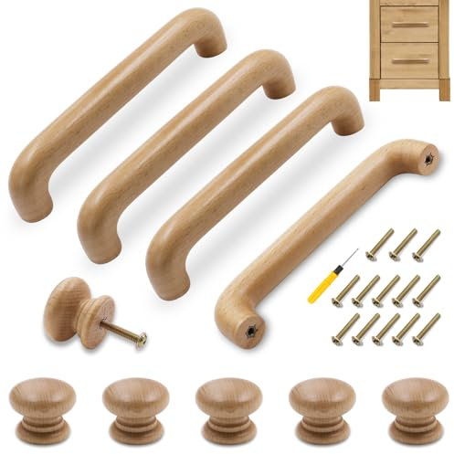 GZcaiyun Holzgriff Set: 4 Lange Schrankgriffe (145mm) und 6 Runde Möbelknöpfe für Schrank, Schublade, Tür - Mit Schrauben und Schraubendreher