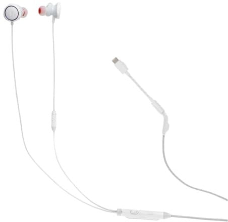 JBL Quantum 50C, écouteurs gaming intra-auriculaires filaires avec adaptateur USB-C, son QuantumSURROUND, comptabilité multiplateformes, micro avec focalisation sur la voix, blanc