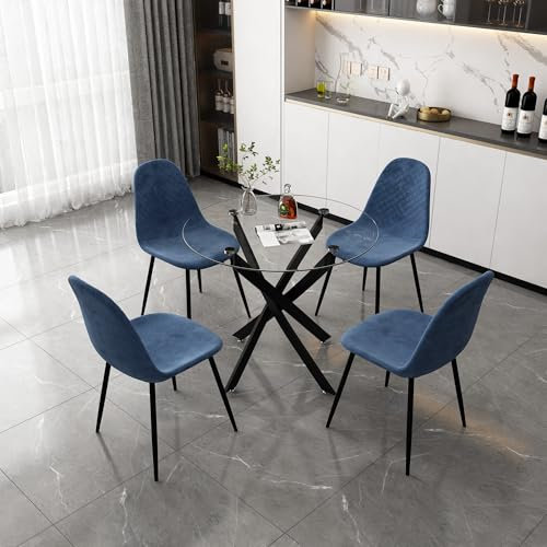 GOLDFAN Esstisch mit 4 Stühlen Esstisch Rund Glas Küchentisch Esszimmerstuhl aus Samt, Esszimmertische für Esszimmer Wohnzimmer, 90cm, Blau