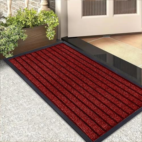 Rugs Inn Rubber Door Mat Outdoor - Heavy Duty Floor Matts for Front Door Waterproof and Washable Anti Slip Strong PVC Backing Mats for Kitchen, Entrance (Red, 45 x 75 cm)