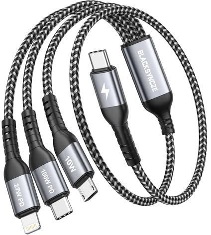 BLACKSYNCZE 100W Cable USB C a Multi Cable [50CM] 3 en 1 Cable Cargador Multiple Carga Rapida, USB C con Tipo C Lightning Micro USB Cable para iPhone 16/15/14, Galaxy S24/S23, Pad Pro, MacBook, Pixel