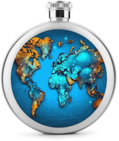 5 Oz Round Whiskey Flask Mini Portable Stainless Steel Wine Flask World Map Round Hip Flask Liquor Pocket Drink Container for Travel Picnic Drinking