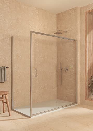 SOULBATH Mampara Angular corredera + Fijo + Lateral Fijo, con Perfil Inferior, Fácil instalación Vidrio de Seguridad 6mm antical, 170-174cm Ancho x Fijo 77,5-80cm H=195cm, Plata Brillo