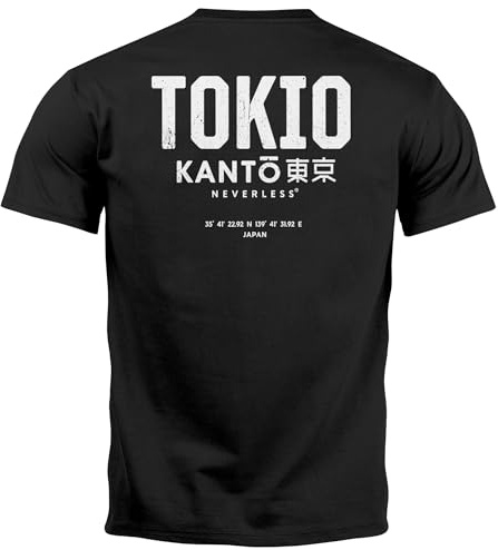 Neverless® Herren T-Shirt Backprint Tokyo Japan Japanische Schriftzeichen Grafik Printshirt Fashion Streetstyle Schwarz XS