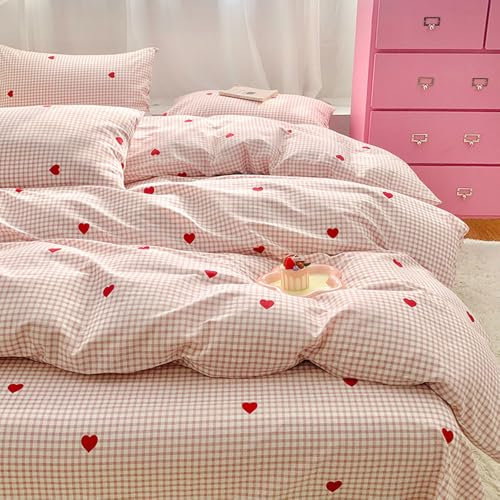 Nyescasa Housse de Couette Coeur Rouge 200x200 Rose et Blanc à Carreaux Moderne Parure de lit Adulte 2 Personnes en Microfibre Housses de Couettes avec Fermeture Éclair et 2 Taies d'oreiller 65x65 cm