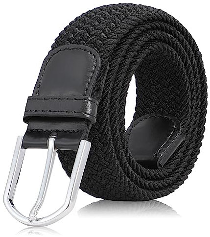 VONMELLI Damen Gürtel Stretchgürtel Damen Herren Elastischer Stoffgürtel Geflochtener Verstellbarer Flechtgürtel mit Goldschnalle für Jeans Hosen Shorts Kleid Schwarz mit silberner Schnalle M