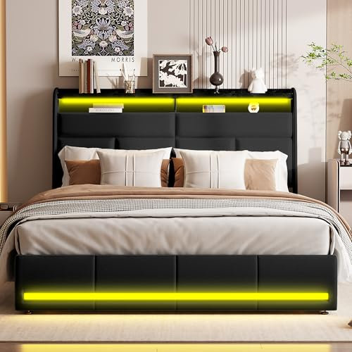 Lit Double rembourré 160x200 avec Tête de lit Rangement, Lit Coffre 160 x 200 à LED, Cadre de Lits avec Sommier à Lattes, Lits 2 Personnes avec lumière LED en PU (Noir, 160x200 cm)