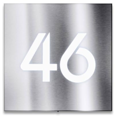 Metzler Numéro de maison en acier inoxydable avec éclairage LED, plaque de numéro de maison personnalisée en inox V2A inoxydable, numéro de maison éclairé LED, montage en saillie (sans nom de rue)