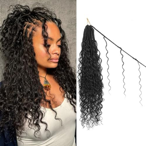 FANWYFYU 14 Inch Boho Faux Locs Crochet Hair 8 Packs Goddess Locs Boho Soft Locs Crochet Hair with Curly Ends Pre-looped Long Bohemian River Locs Crochet Hair For Women(1B)
