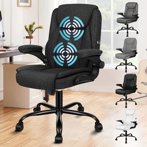 ALFORDSON Ergonomischer Massage BüRostuhl Mid Back Mit Klappbarer Armlehne, Studienstuhl Mit SGS Gas-Lift, Gaming Stuhl FüR Computer Arbeitstisch, Max Belastung 150kg, Leinenstoff, Schwarz