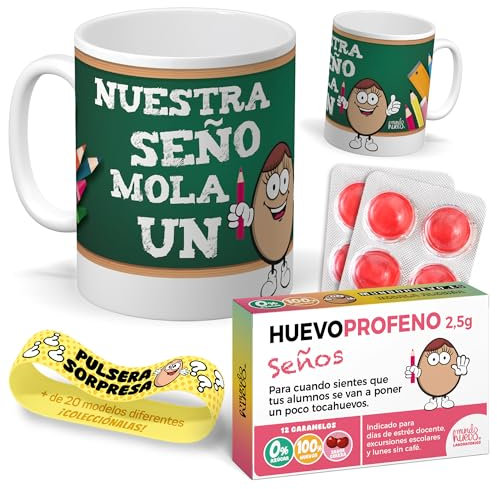 Kit regalo personalizado para profesoras | Taza Nuestra seño mola un huevo + Caramelos divertidos + Pulsera sorpresa | Regalo divertido, original y único para fin de curso, cumpleaños, navidad.