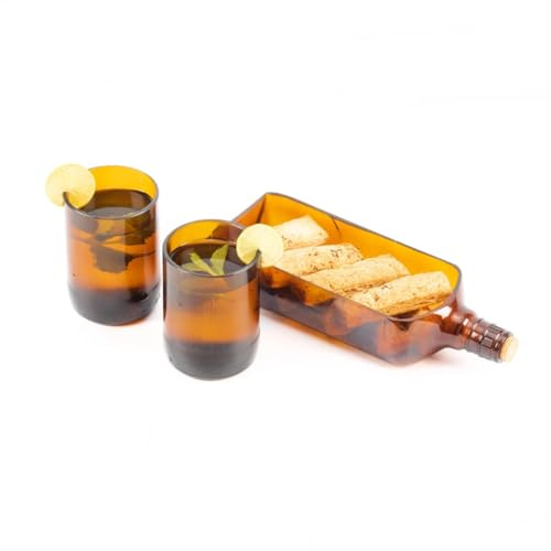 GoGiftid Set di piatti per bottiglie di whisky ballantine riciclati | Vassoio da portata rustico marrone con 2 bicchieri | Piatto per bottiglie riciclate | Server snack ecologico | Regalo fatto a mano