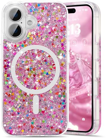 UEEBAI Glitter Case for iPhone 16, Silicone Sequins Glitter Mobile Phone Case with Wireless Charging, Shockproof, Scratch-Resistant, Never Yellowing, Protective Case, Soft TPU Bumper Cover Case, Rose