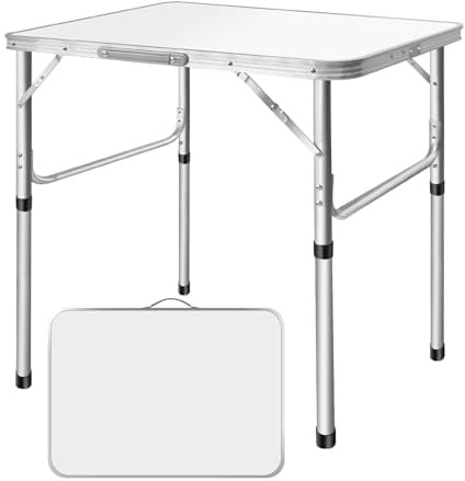 Rigogo Tragbar Klapptisch Aluminium, Campingtisch Flatbar für Balkon Terrasse Picknick, 2 Höhenniveau 60/35cm, Esstisch Bürotisch Partytisch 75x55x60cm, Weiß