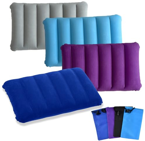 4 Stück Aufblasbares Kissen, Leicht Camping Reisekissen, Komfortables Reisekissen für Auto, Luftkissen Kopfkissen mit 4 Aufbewahrungstaschen für Camping und Reisen aus Weichem Material