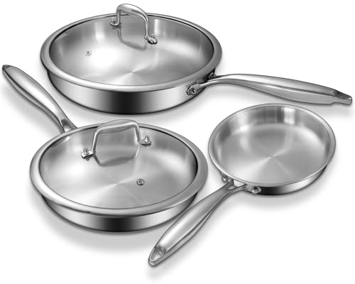 EWFEN Tri-Ply Stainless Steel Frying Pans Set with Lid, 8”/10”/12” Cooking pans, PFOA&PTFE Free Skillet, Induction Cooking Pan, Dishwasher and Oven Safe, Fast & Even Heat, Suitable for All Stove
