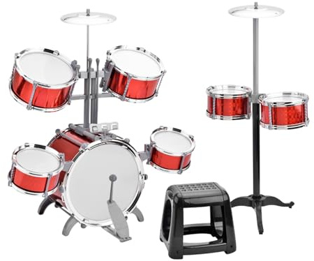 POENVFPO Dynamic Addition Set di Batteria in PVC da 7 Pezzi con Sgabello, Costruzione Ispessita per Principianti, Set di Strumenti Musicali (rosso)