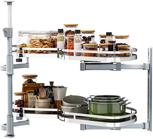 DWVO Corner Cabinet Organizer, 2-Tier Blind Corner Pull Out with 270° Rotating Shelf, Right Swing Tray, Heavy-Duty Iron, Easy-Install Template, 32.7x17.3x21.3, Gray