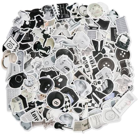 XRVRILE 122 Stück Vinyl Sticker Schwarz Weiss, Vintage Wasserfeste AufkleberSet, Sticker Aesthetic für Scrapbooking Gepäck Laptop Wasserflasche iPad Handy Fahrrad Skateboard Helme Gitarre