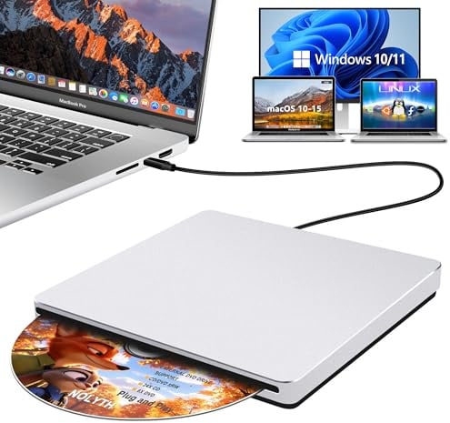 NOLYTH External CD Drive for Mac Laptop, Slim Slot-in SuperDrive for Apple | Plug and Play USB-C DVD Drive for PC, Portable CD Burner Player for MacBook Windows, Aluminium Alloy Classic Silver