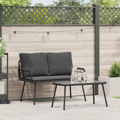Owoxanthellate Rattan Gartenmöbel Essgruppe Schwarz 114 x 64 cm mit Tisch und Bank Polyrattan UV-beständig modernes Design wetterfest für Balkon Terrasse und kleine Gärten