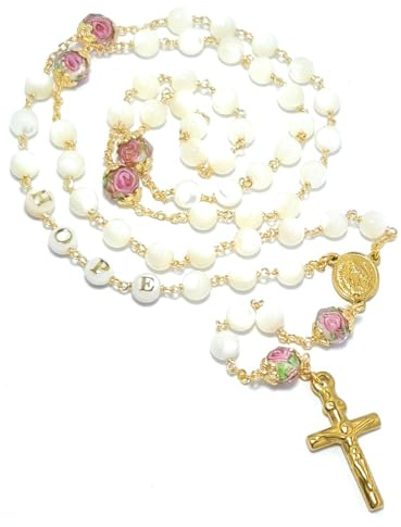 Générique Chapelet personnalisé en nacre véritable – Cadeau baptême fille & première communion, verre de Murano, plaqué or 18K & acier inoxydable