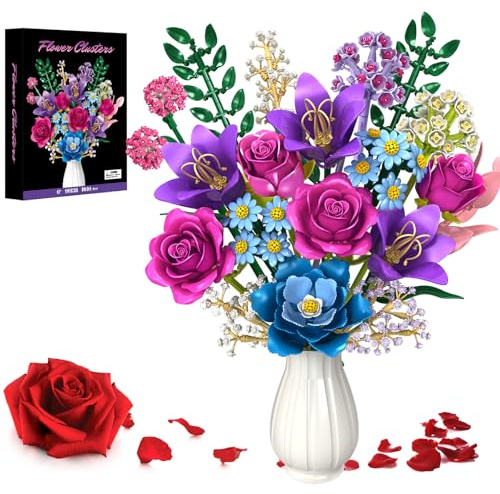 Fleurs Briques De Construction, 19 Multicolore Bouquet avec Rose, Lys, Kit de fleur artificielle, DIY Jouet Créatif Cadeau pour Adultes Femmes Filles 6+, pour Fête des Mères, Anniversaire, Déco