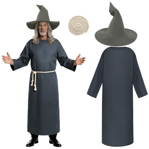 BSBUY Gandalf Magier Kostüm, Mittelalterlicher Zauberer Kostüm Herren Faschingskostüme Erwachsene, 3 PCS Magier Set mit Robe Zaubererhut Gürtel für Halloween, Karneval und Themenpartys (Grau)