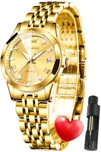 OLEVS Damen Uhr Quarzuhr mit Diamant Edelstahlarmband Gold Zifferblatt Wasserdicht Datumsanzeige Elegante Damenuhr für Frauen