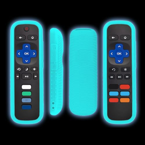 Remote Cover for Roku TV Remote Control, Battery Cover for TCL Hisense Roku TV Steaming Stick 4k 4K+ Roku Voice Remote Silicone Sleeve Case with Lanyard-Glowing Blue