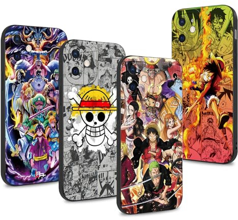 4 Pack Manga Phone Case For iPhone 12 6.1‘’, Anime Luffy Gear 5 Nika Zoro Cartoon Pattern Shockproof Aesthetics Design Full lens Protection Cover for Children Boy Girl