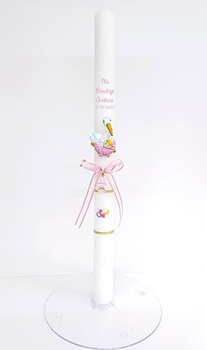 Vela/Cirio para bautizo de cera blanca decorada en rosa con cinta, lazo de puntilla y aplique de resina en forma de Cigueña. Medida 3x40cm.